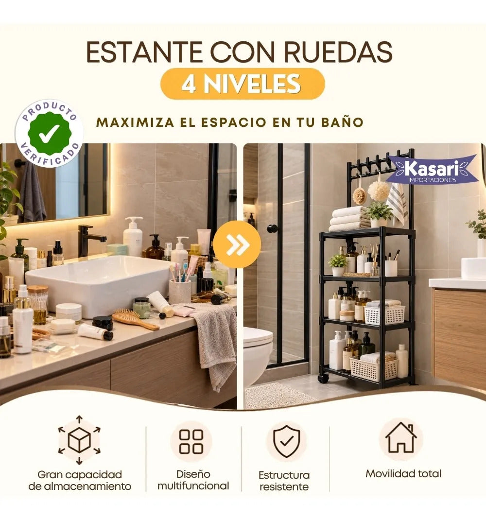 Estante Organizador con Ruedas de 4 Niveles - Negro