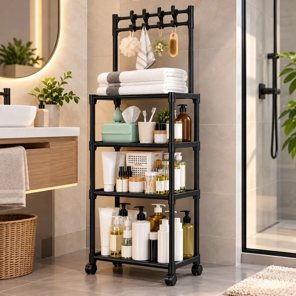 Estante Organizador con Ruedas de 4 Niveles - Negro
