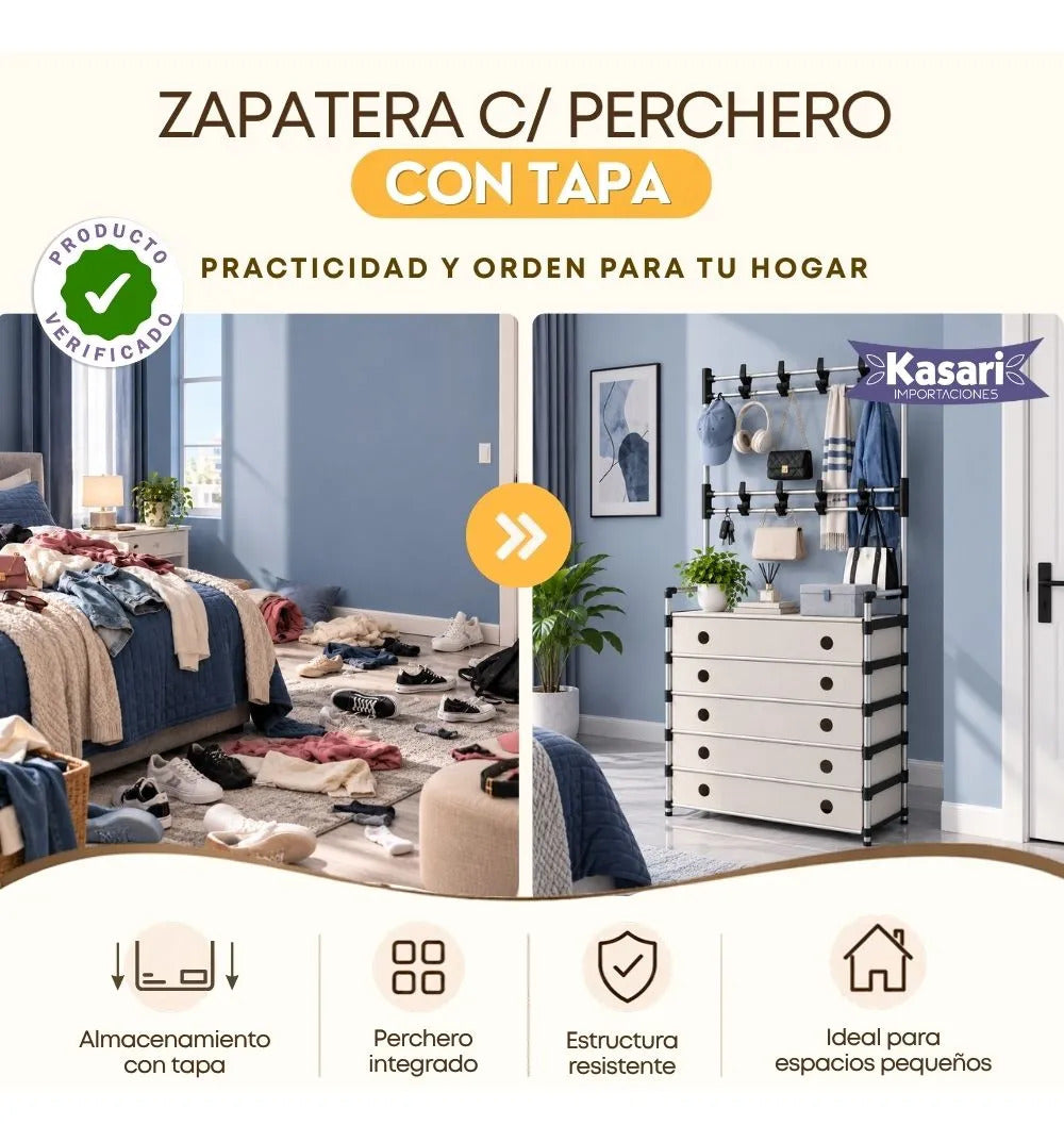 Zapatera Antipolvo con Perchero de 5 Cajones con Tapa