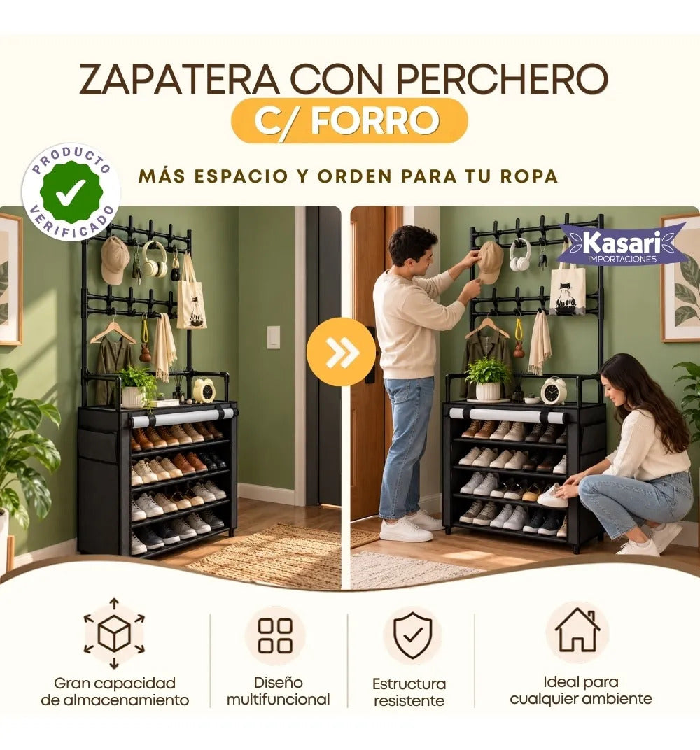 Organizador de Zapatos con Perchero y Forro - Negro
