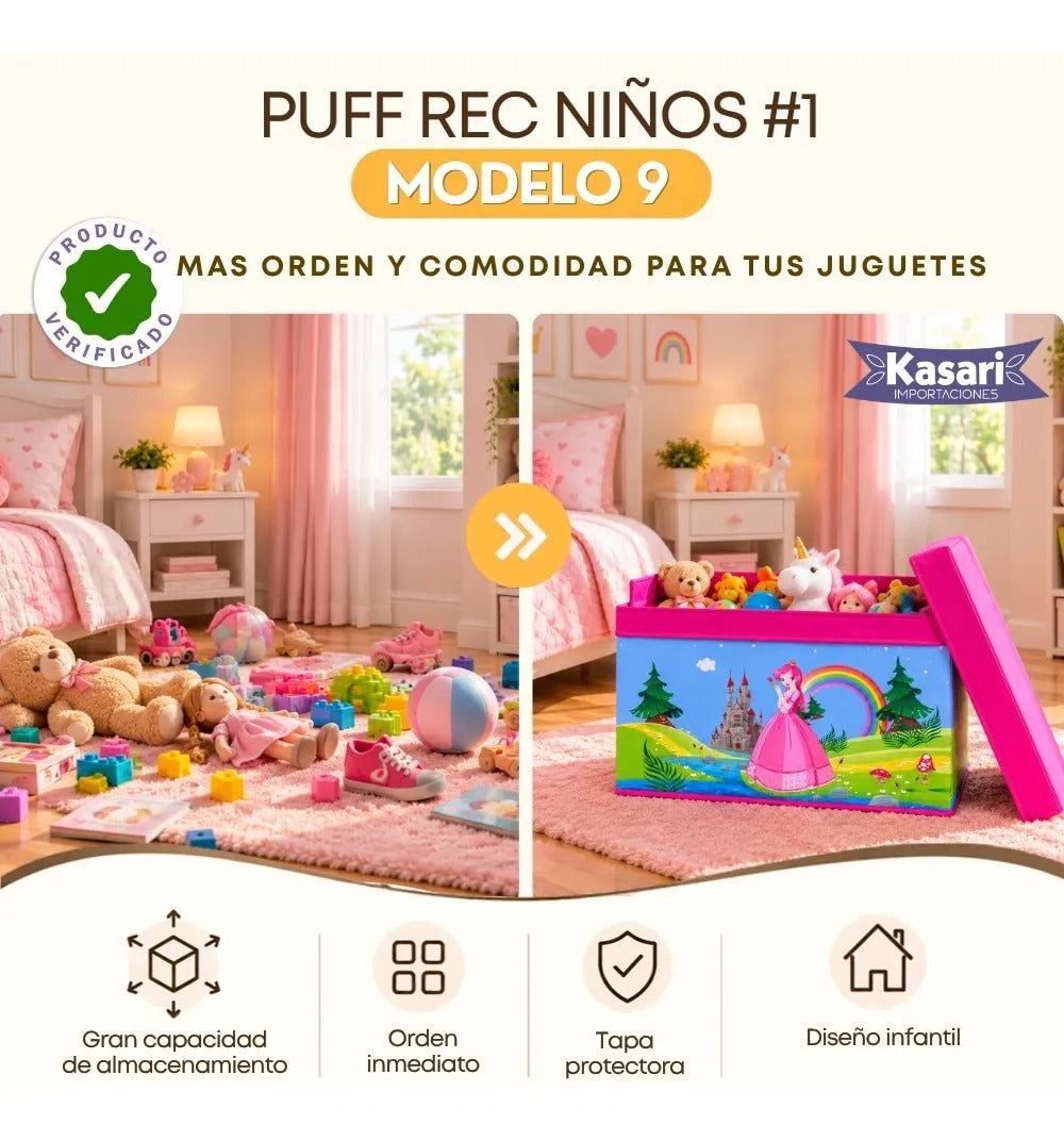 Caja Puff Organizador de Juguetes con Tapa - Princesa y Caballo
