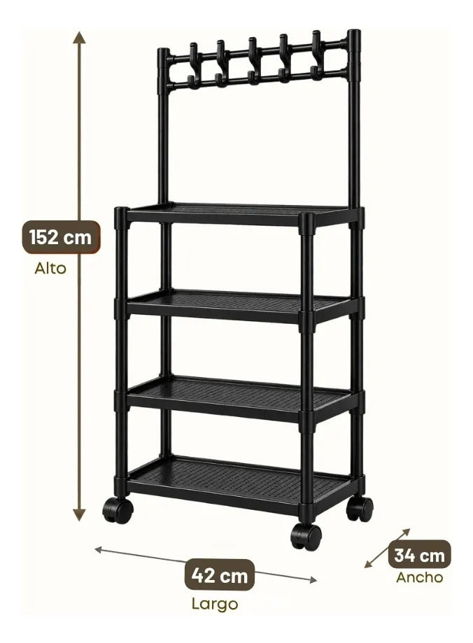 Estante Organizador con Ruedas de 4 Niveles - Negro