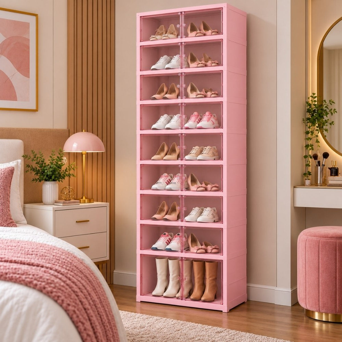 Zapatera Plegable de 18 Pares con Botas - Rosa