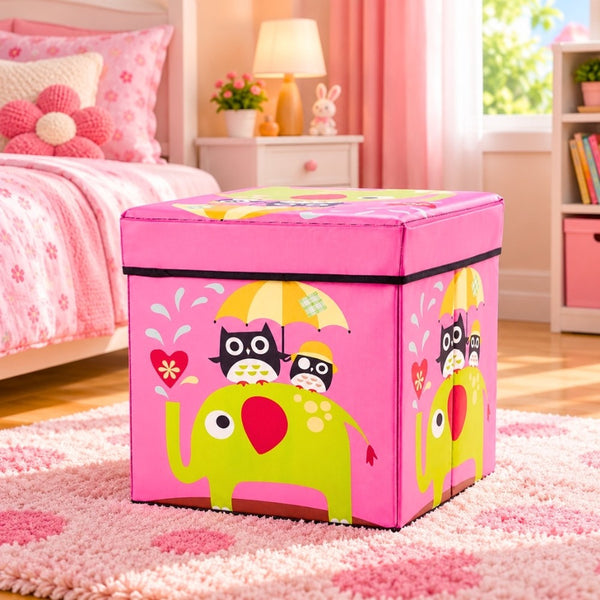 Caja Puff Organizador de Juguetes con Tapa - Elefante y Búhos Rosado