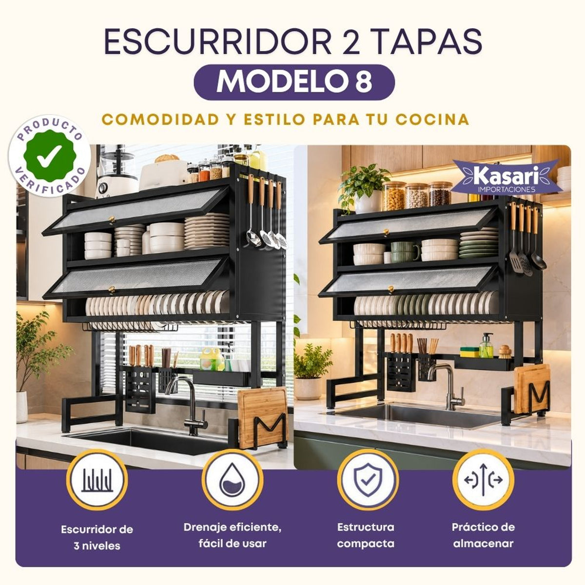 Escurridor de Platos de 2 Niveles con Doble Tapa - Modelo 8