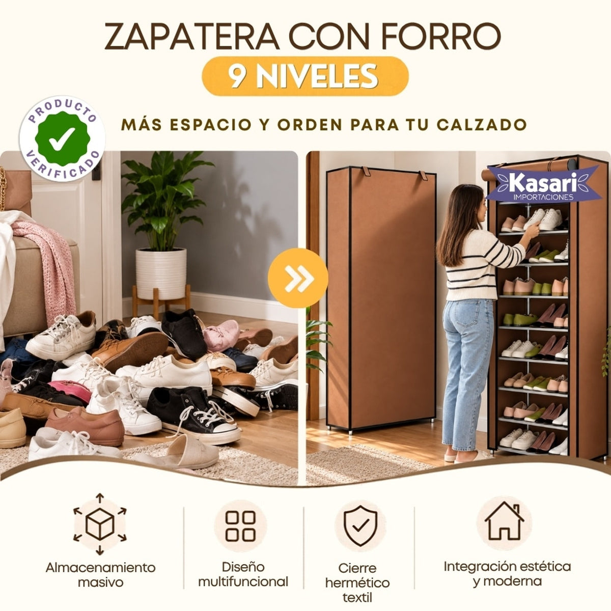 Zapatera Armable De 9 Niveles con Forro - Marrón