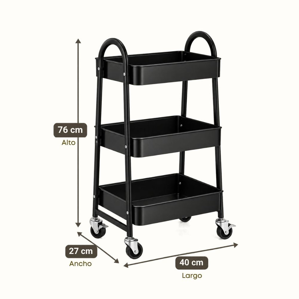 Carrito Organizador Metálico de 3 Niveles - Negro