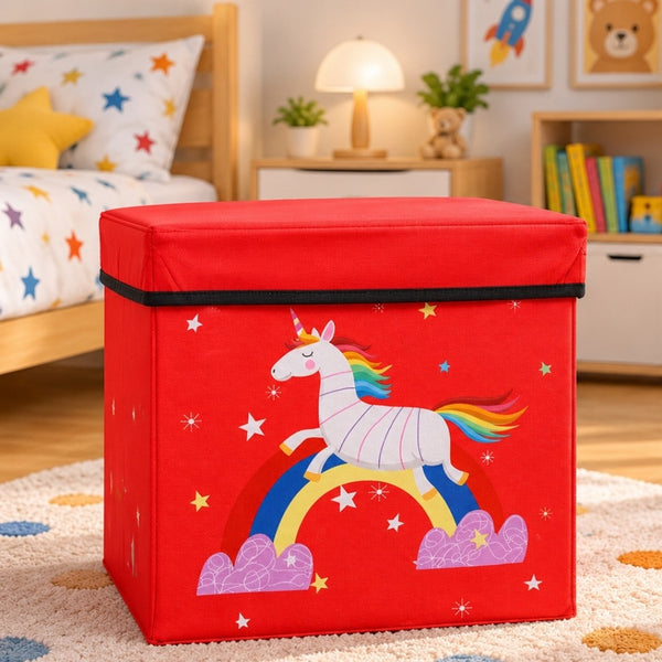 Caja Puff Organizador de Juguetes con Tapa - Unicornio Rojo