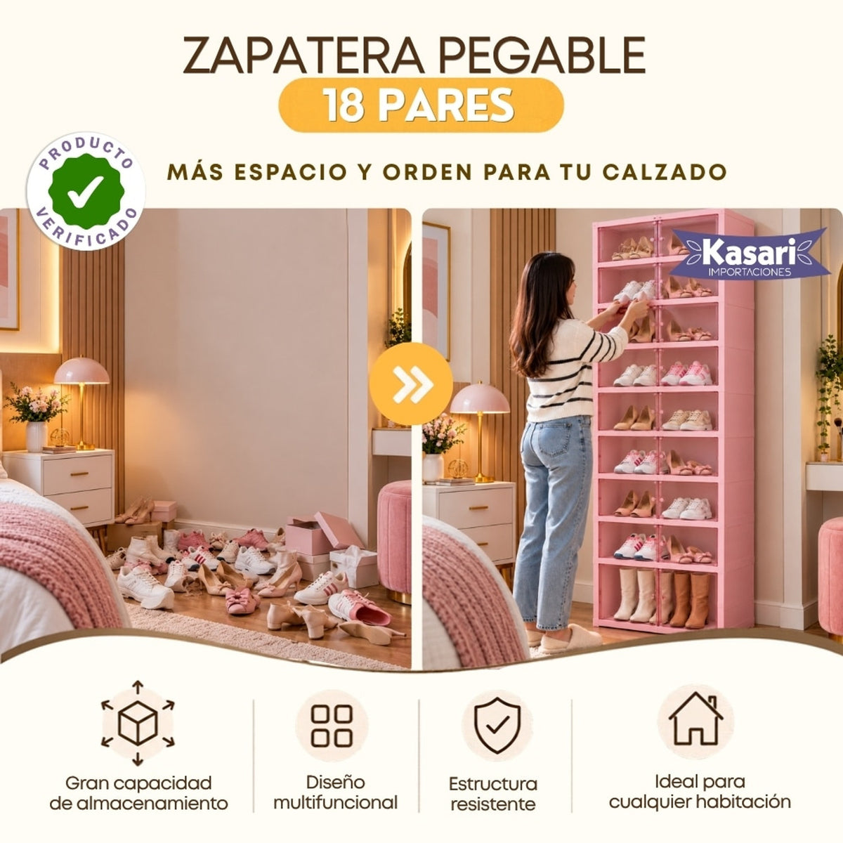 Zapatera Plegable de 18 Pares con Botas - Rosa