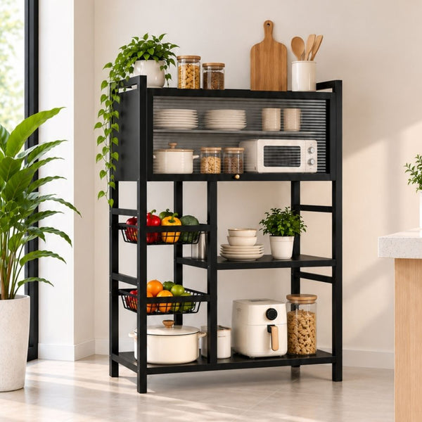 Estante Organizador Metálico de 4 Niveles con Gabinete - Negro